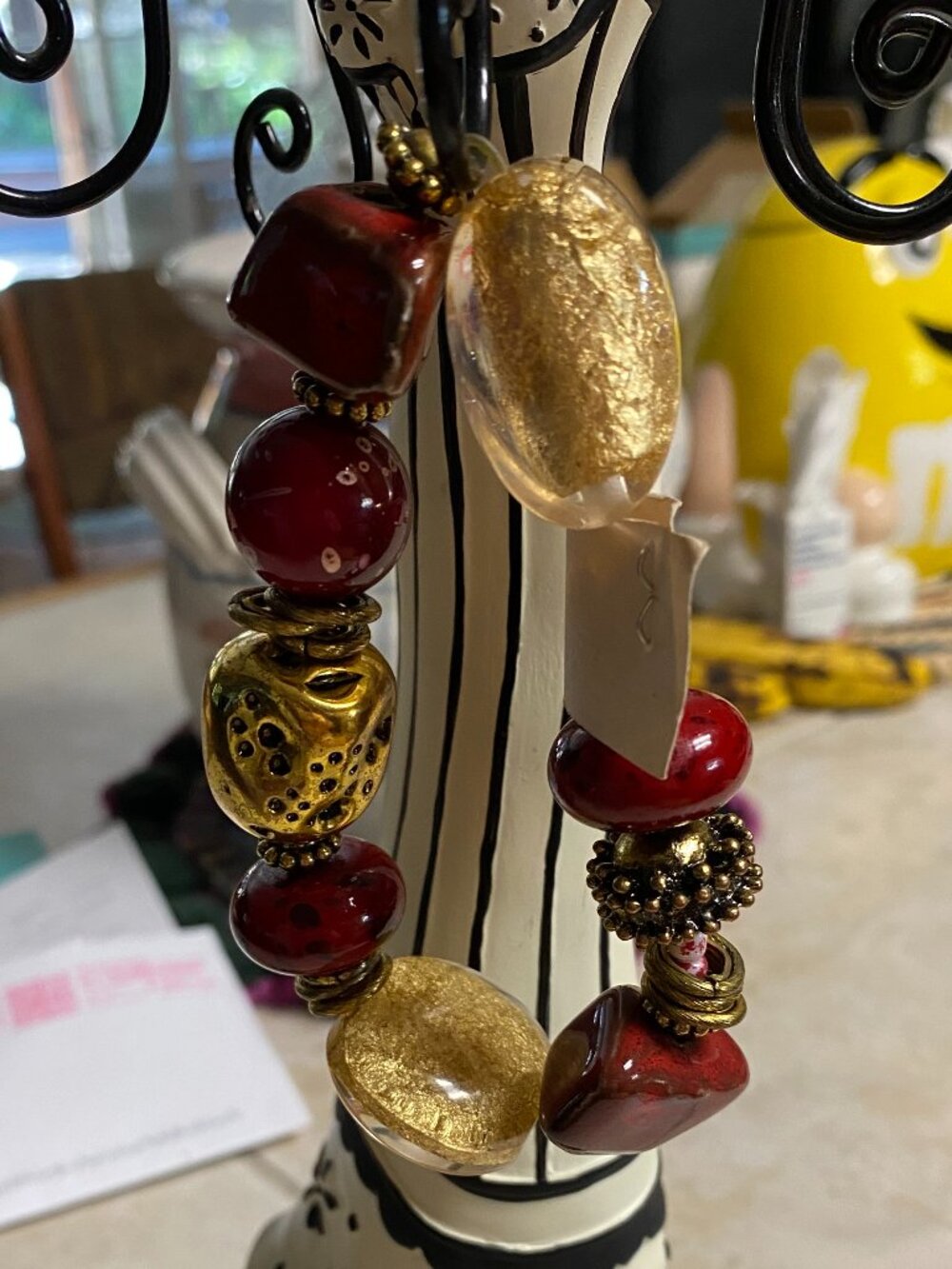 Large beaded, red, rust & gold tones stretch bracelet